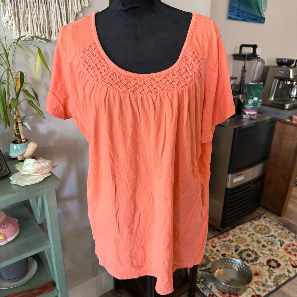 Women's Coral Short-Sleeve Scoop Neck Top With Embellished Neckline